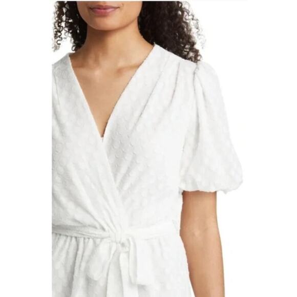 Fraiche by J Dress Swiss Dot Puff Short Sleeve Faux Wrap Mini White Small - Picture 3 of 10